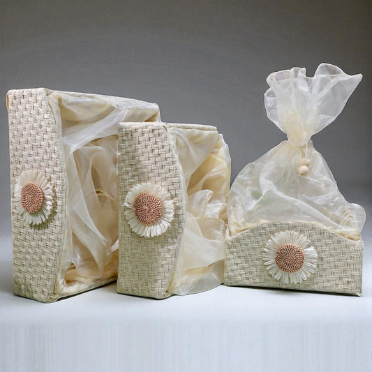 Square crescent-style net gift basket in 8x8, 10x10, and 12x12 inches for trousseau, Indian festivals, and return gifting by Wrap Shap