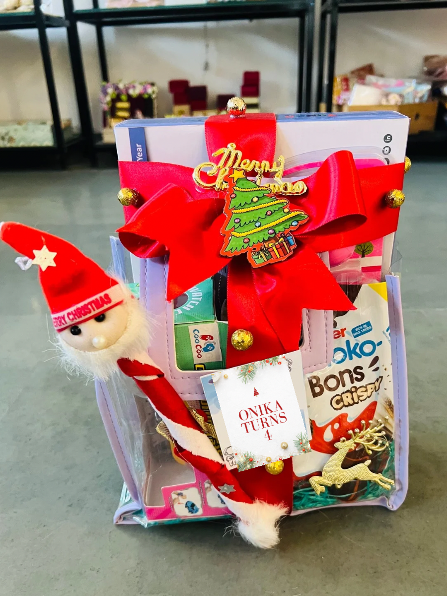 Christmas Hamper for Kids – Tumble Tower Toy, Watch, Pencil Pouch, Chocolate & Brownie in PVC Xmas Theme Bag