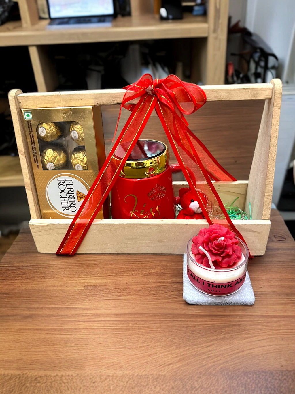 Rustic Charm Wooden Basket Hamper: Decorative Candle, Coffee Mug, Ferrero Rocher Delights