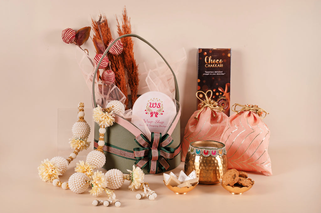 Luxury Leather Basket Gift Hamper with Door Hangings, Scented Candle, Chocolates, Cookies & Sweet Box | Diwali & Festive Gifting