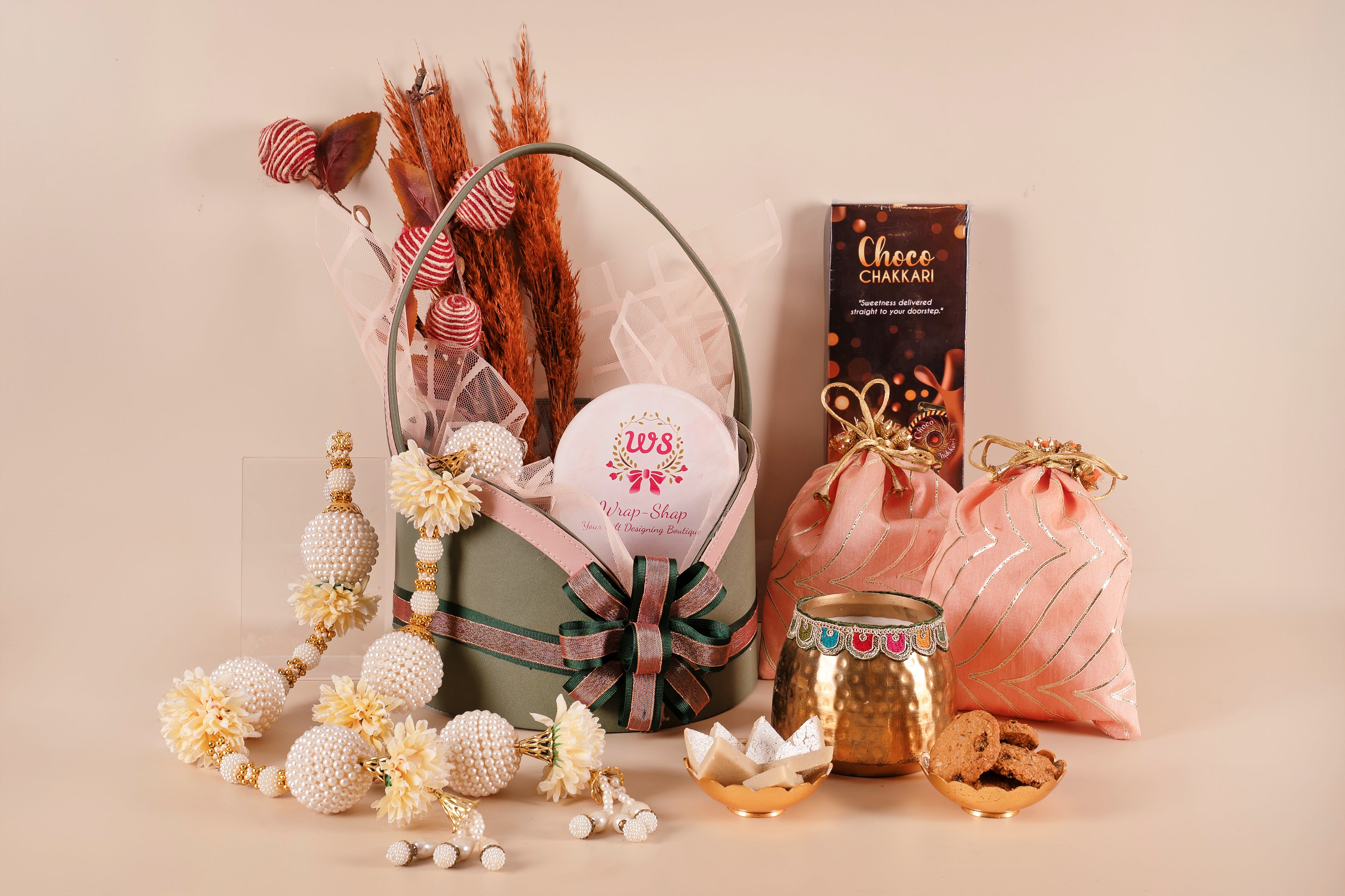 Luxury Leather Basket Gift Hamper with Door Hangings, Scented Candle, Chocolates, Cookies & Sweet Box | Diwali & Festive Gifting