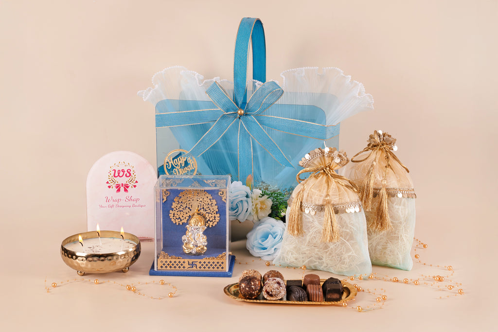 Premium Neon Acrylic Basket Gift Hamper with German Silver Ganesh & 400g Coated Cashew Almonds | Diwali, Weddings & Corporate Gifting