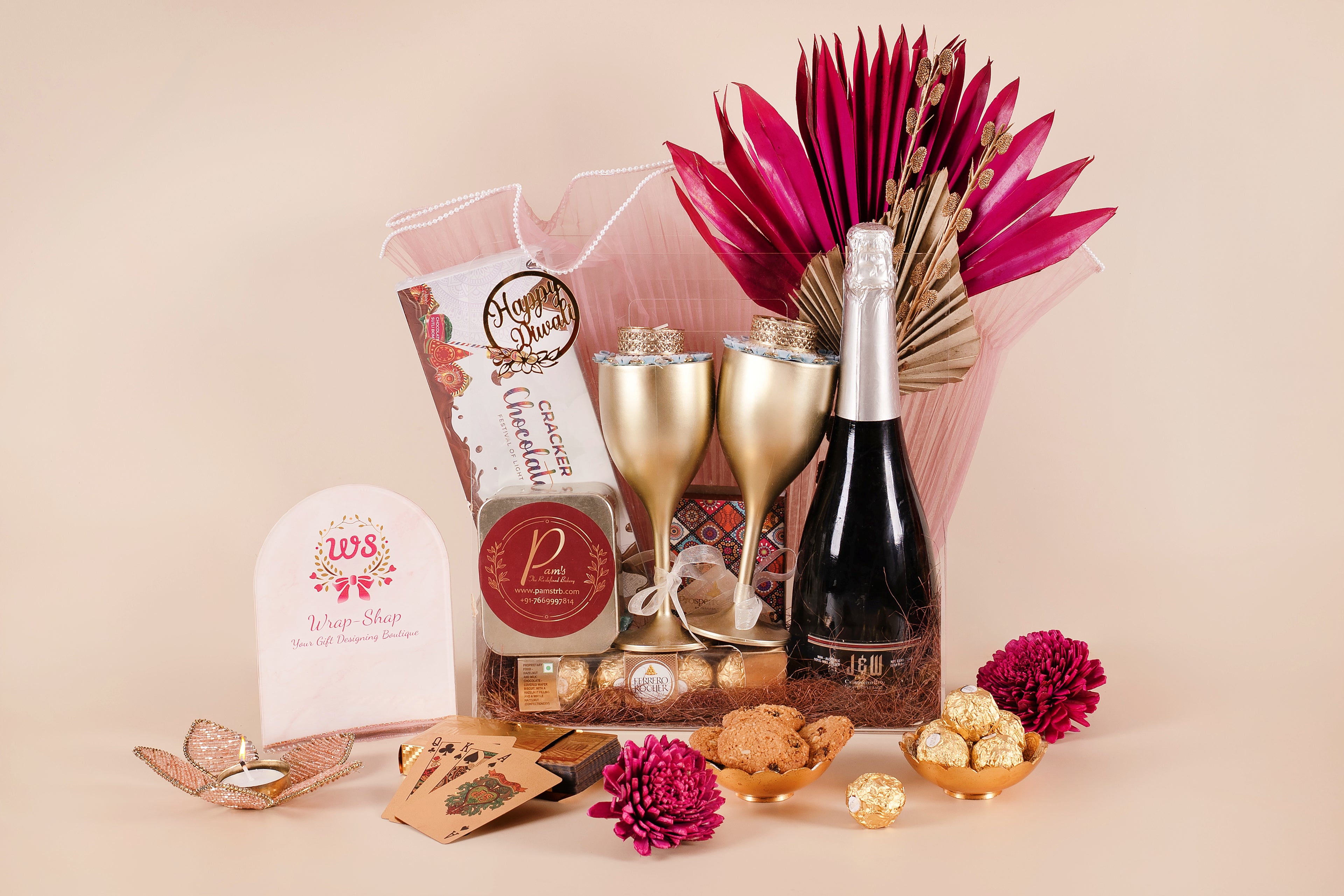 Luxury Transparent Acrylic Bag Hamper with Wine Bottle, Glasses, Chocolates, Cookies & Gold Finish Playing Cards | Festive & Corporate Gifting