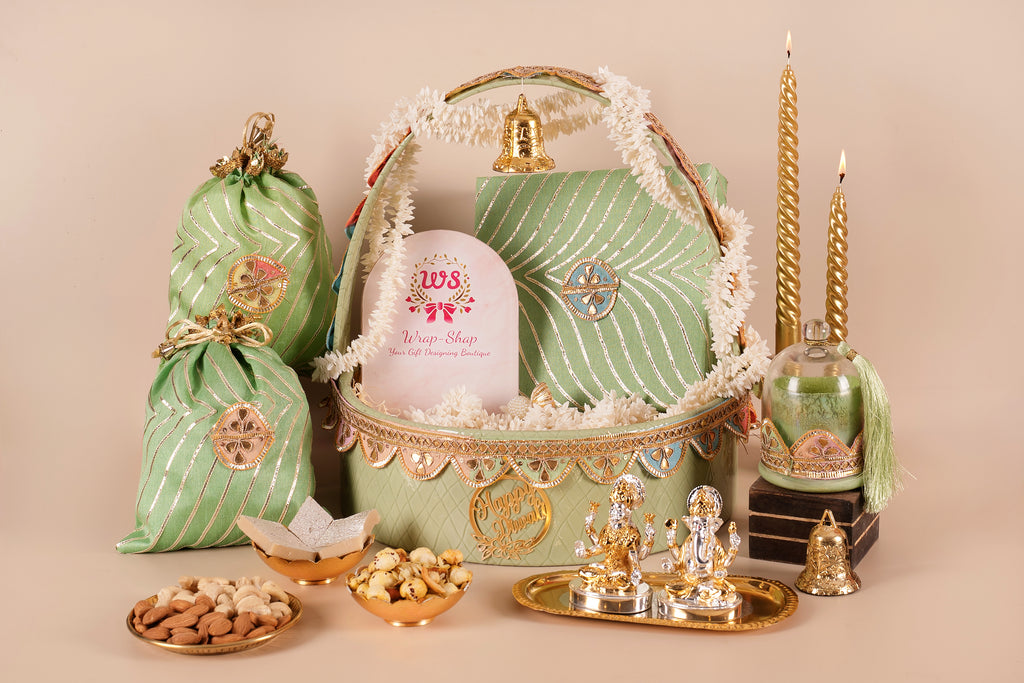 Luxury Green Leheriya Leather Basket Hamper with Silver Finish Laxmi Ganesh, Dry Fruits, Sweets & Candle | Customizable Diwali & Wedding Gifting