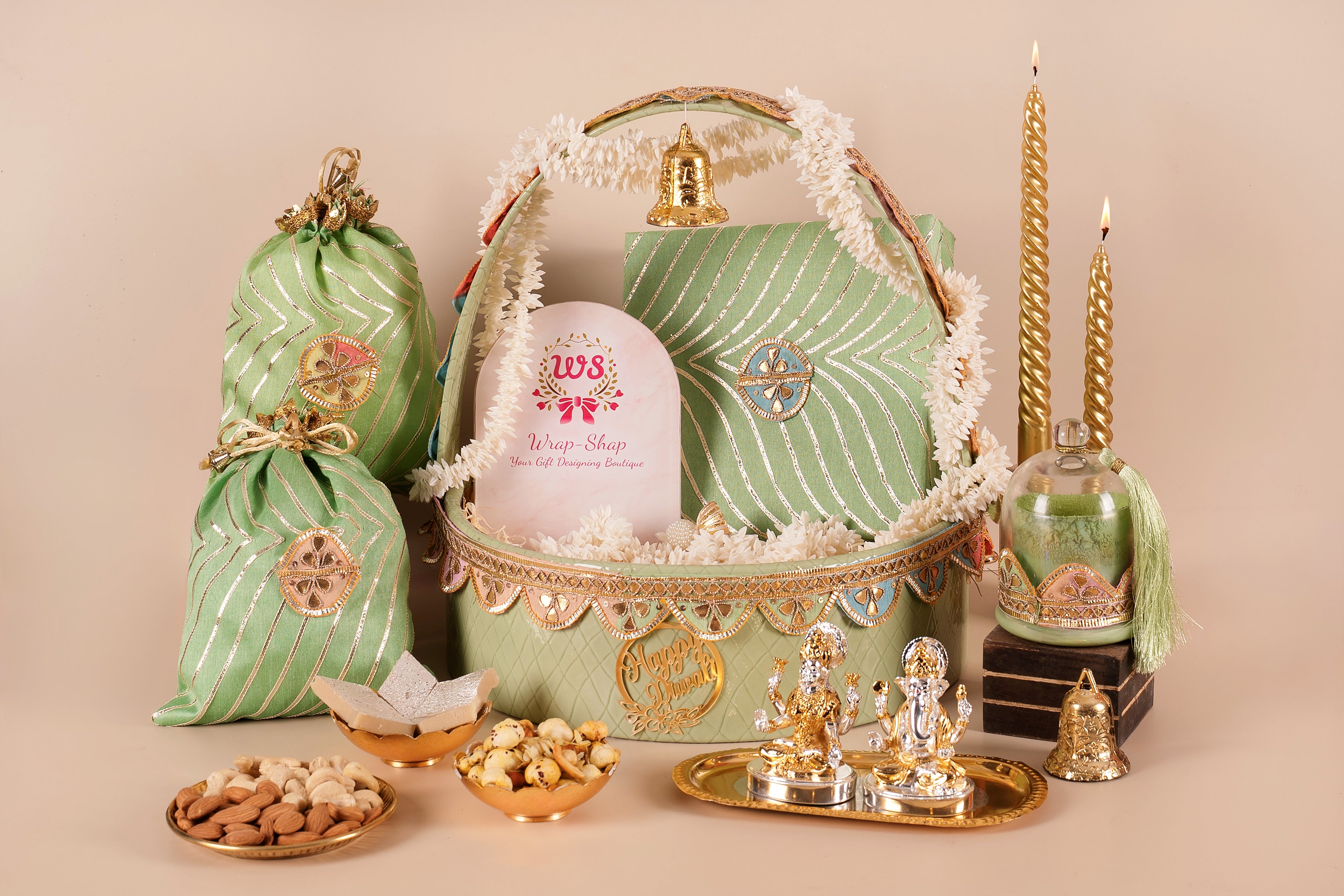 Luxury Green Leheriya Leather Basket Hamper with Silver Finish Laxmi Ganesh, Dry Fruits, Sweets & Candle | Customizable Diwali & Wedding Gifting