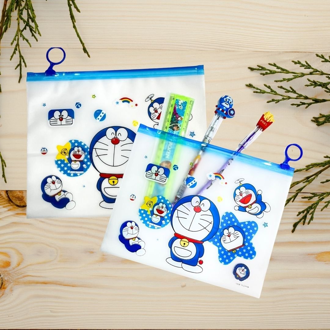 A5 Transparent Pouch for Kids – Cartoon-Themed School Stationery Organizer with Zip Closure, Available in Doraemon, Avengers, Mickey Mouse, Pokémon, Princess & Spiderman Designs.