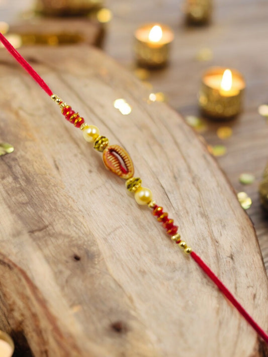 Wrap Shap Simple Beaded Dori Rakhi - Design 518 with Roli Chawal