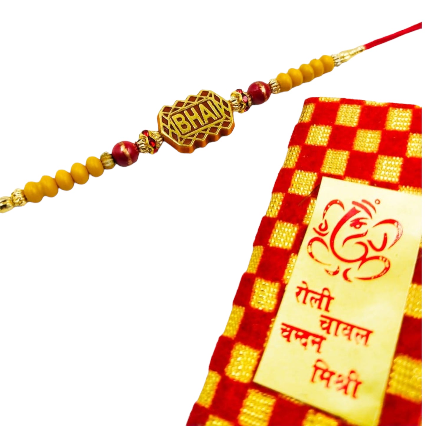 Wrap Shap Simple Dori Rakhi with 'Bhai' Inscription - Design 711 with Roli Chawal