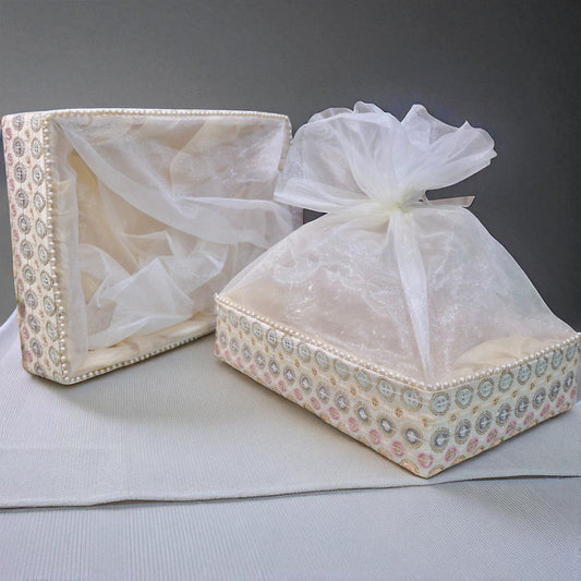 Rectangular net gift basket with ringlet fabric design, ideal for Indian festival hampers and trousseau packing by Wrap Shap