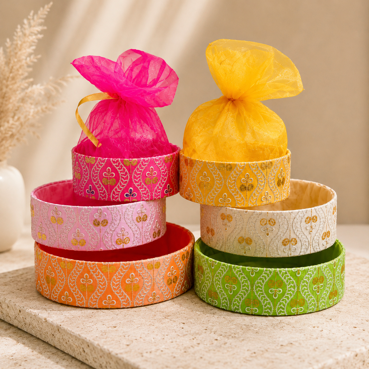 Embroidery Round Gift Basket with Net | Assorted Colours