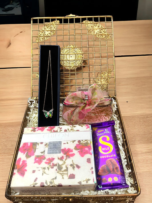 Chic Elegance Gift Hamper for Girls: Metal Box with Necklace, Chocolate, and Perfume