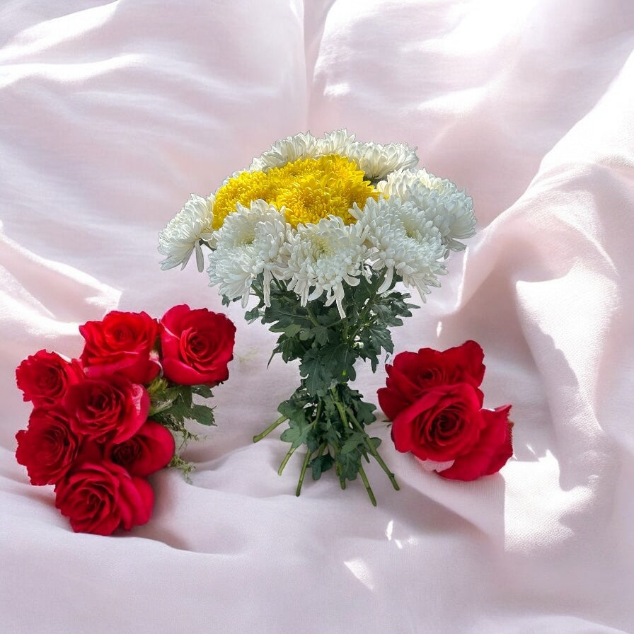 Beautiful bouquet of fresh white-yellow chrysanthemums, ideal for gifting on Valentine’s Day, anniversaries, birthdays, and weddings.