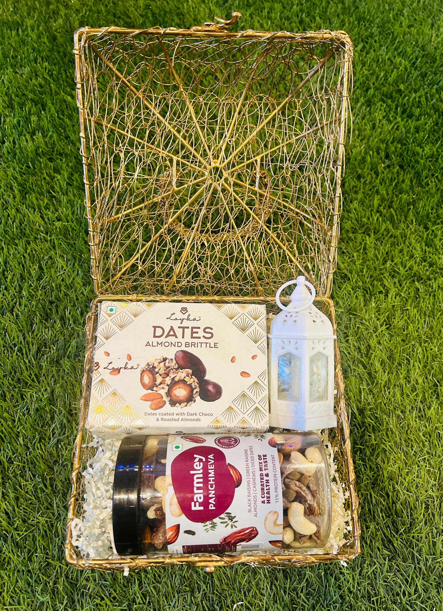 Eid Delights Gift Hamper: Dates Almond Brittle, Panchmeva, Decorative Lamp & More!