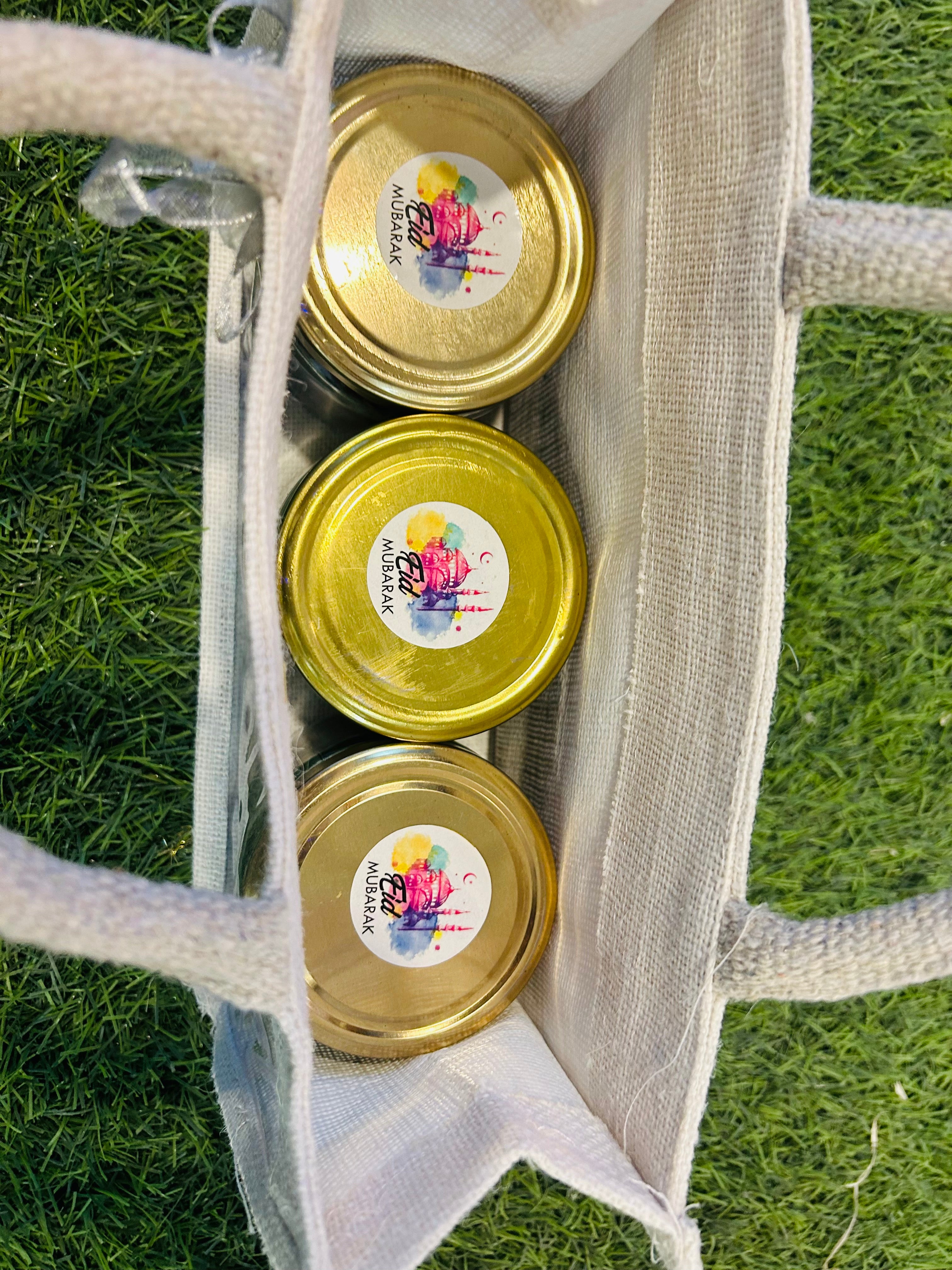 Eid Delights Gift Hamper: Dried Kiwi, Mixed Berries, and Dates in Jute Transparent Bag