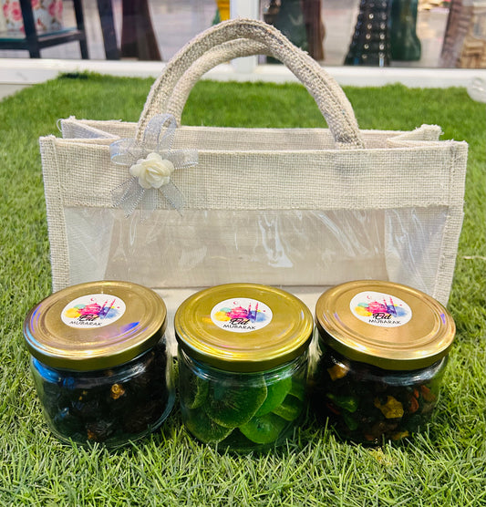 Eid Delights Gift Hamper: Dried Kiwi, Mixed Berries, and Dates in Jute Transparent Bag