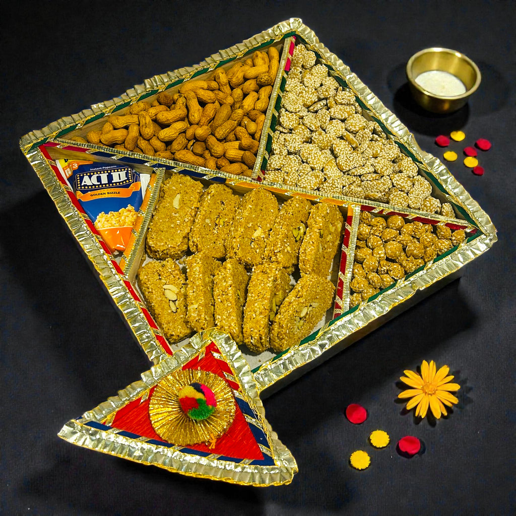 Kite Shaped Lohri Gift Hamper – Decorated Pine Tray with Shalimar Gajak & Traditional Treats