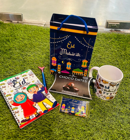 Eid Kids Celebration Gift Hamper: Eid Mubarak Mug, Notebook, Chocolate, Loyka Choco Dates, Pen in Customized Gifting Bag