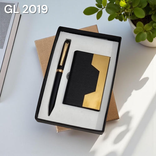 Luxury black and gold leatherette card holder and executive pen gift set