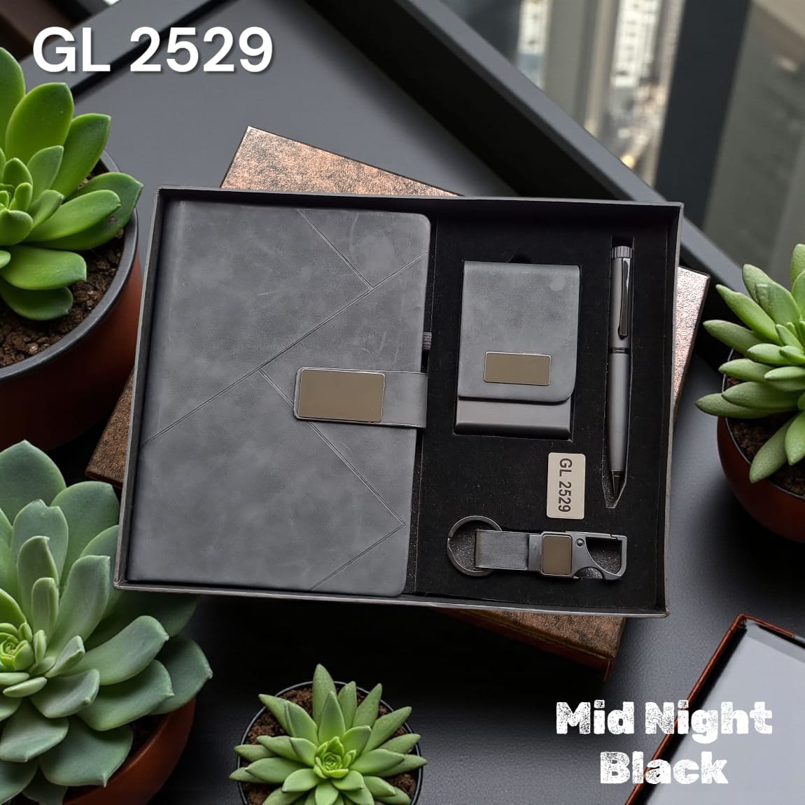 Premium black corporate gift set with magnetic loop notebook