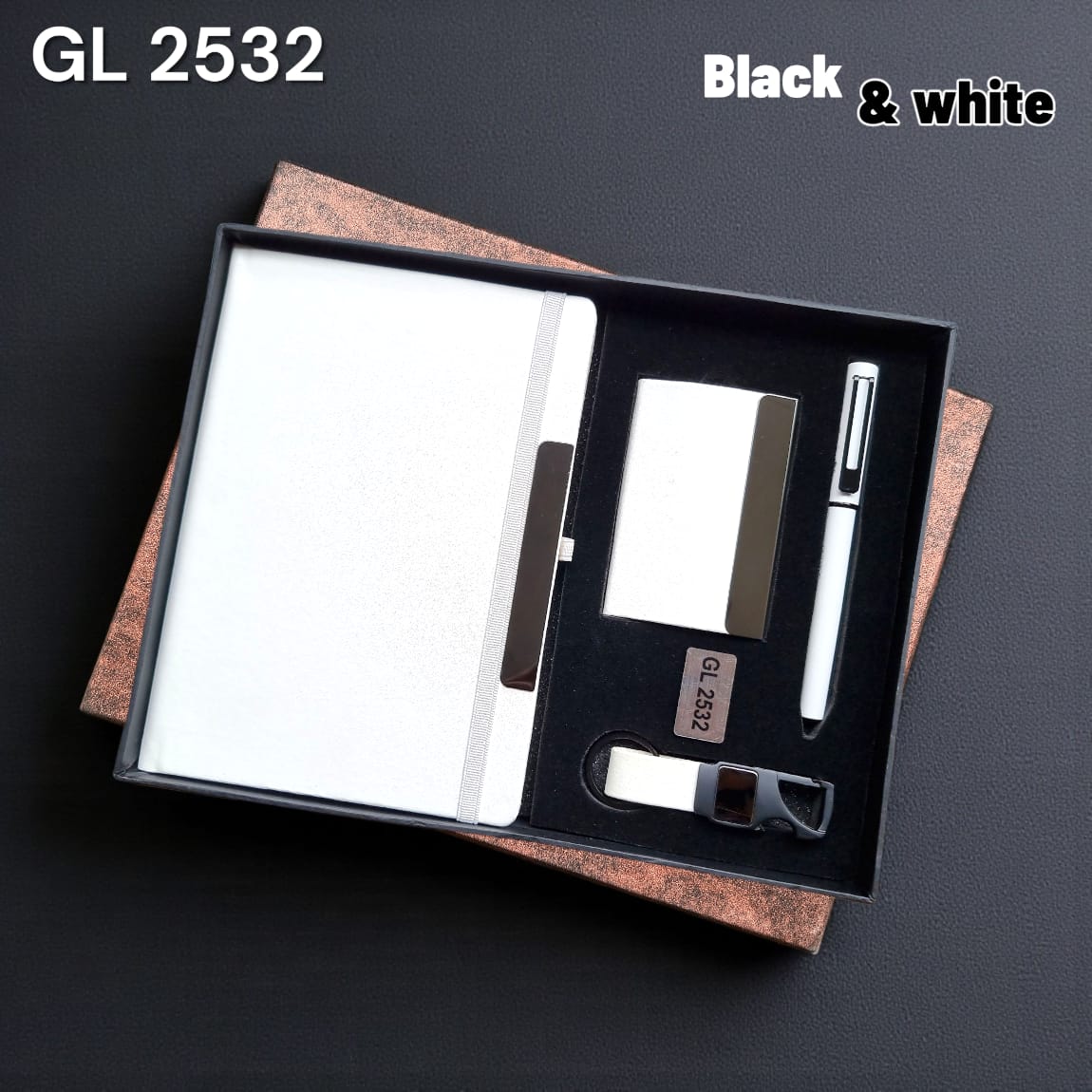 Corporate gifting set in black and white theme with premium packaging