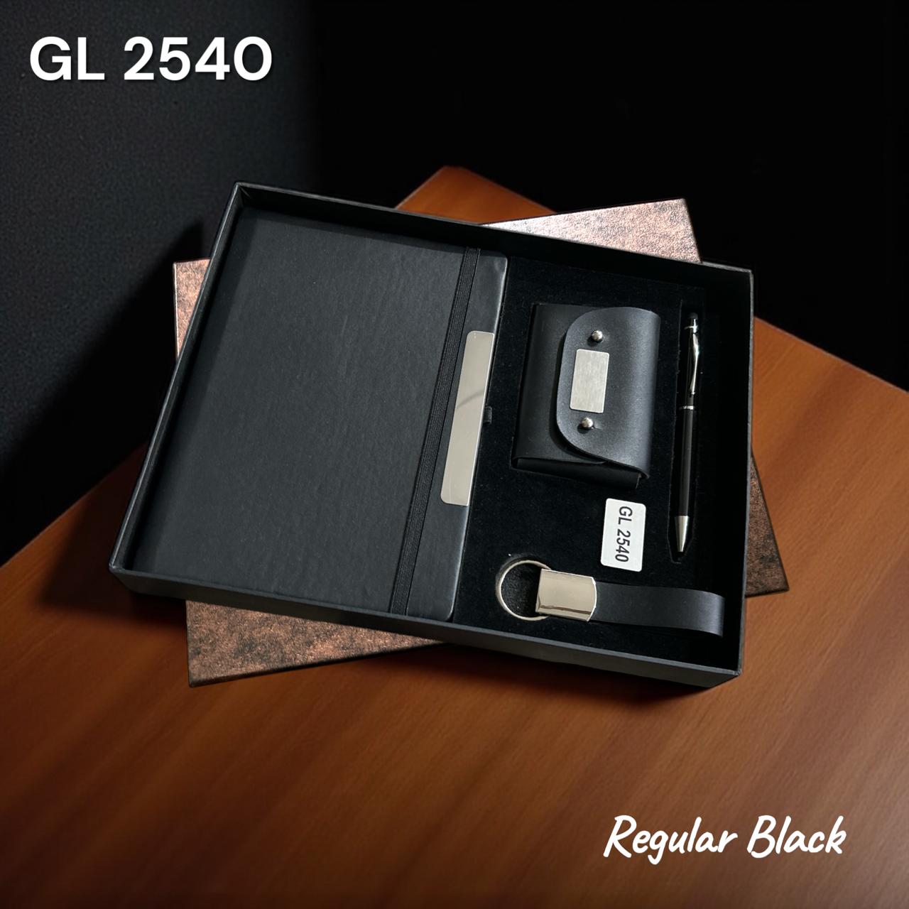 Black corporate gift set with A5 notebook, ball pen, leather card holder and keychain