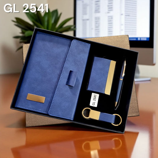 Corporate gift set in blue velvet finish with A5 notebook and accessories