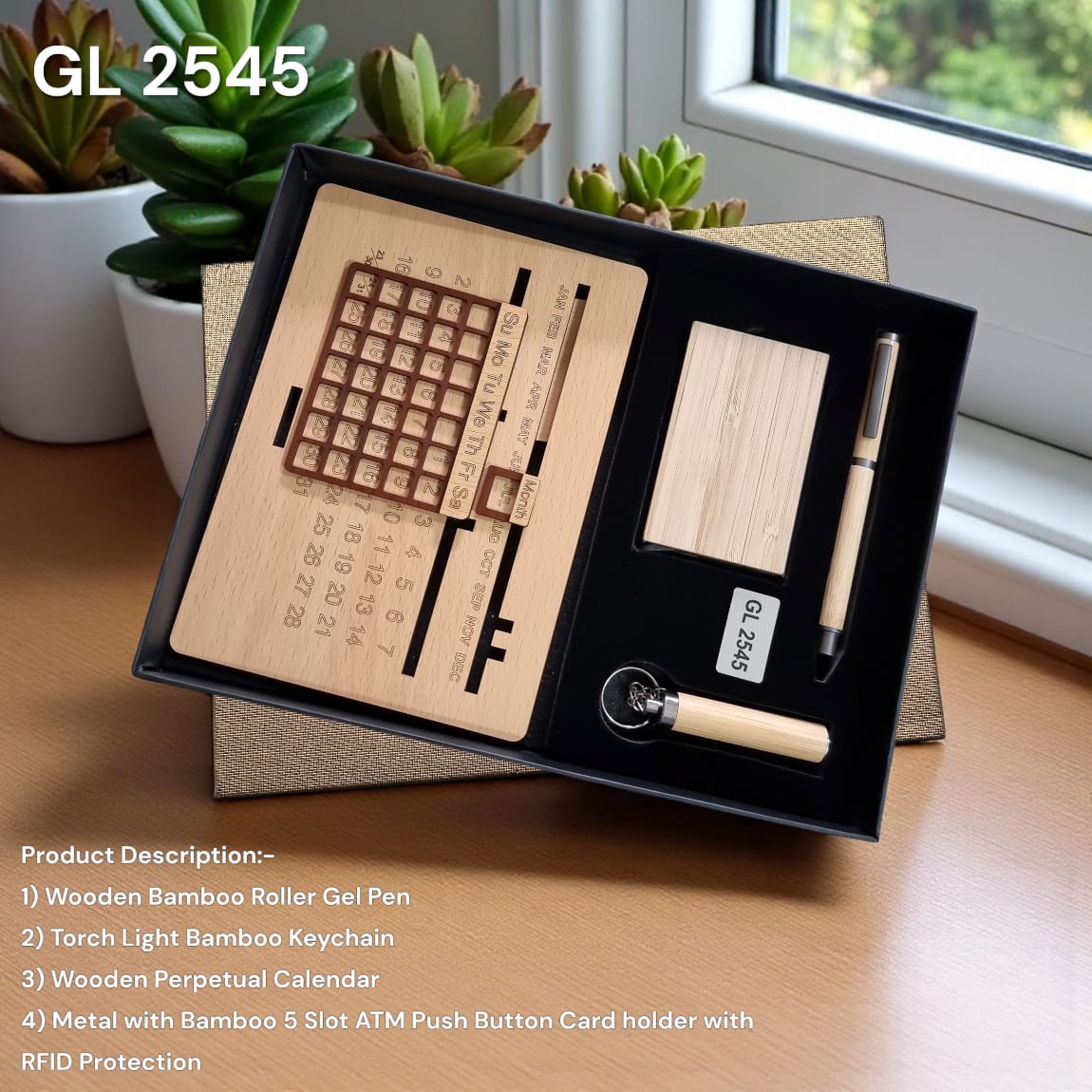 Sustainable corporate gift set with bamboo roller pen and wooden perpetual calendar