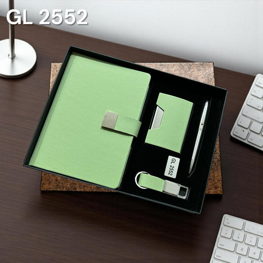 4 in 1 olive green professional corporate gift set with notebook, card holder, pen & keychain