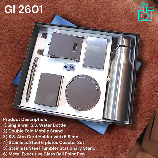 Premium 6-in-1 corporate gift set with stainless steel bottle, mobile stand, pen, coaster, card holder, stationery stand