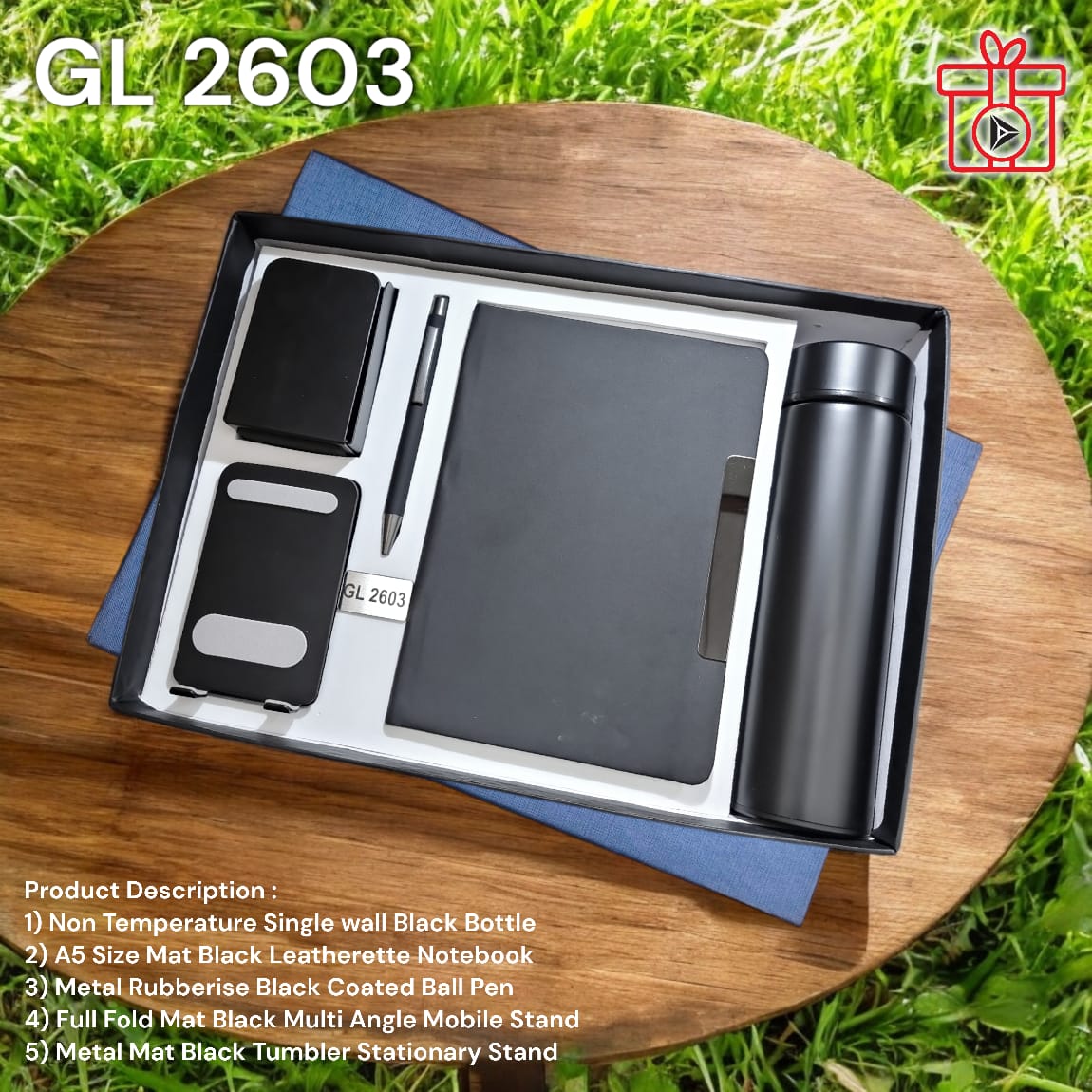 Premium 5-in-1 corporate gift set with bottle, notebook, pen, mobile stand, stationery holder"