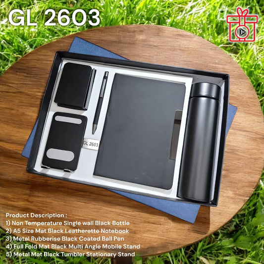 Premium 5-in-1 corporate gift set with bottle, notebook, pen, mobile stand, stationery holder"