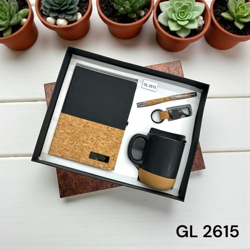 Eco-friendly corporate gift hamper with cork design accessories