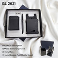 3-in-1 black metal stationery gift set with stand, pen and mobile holder