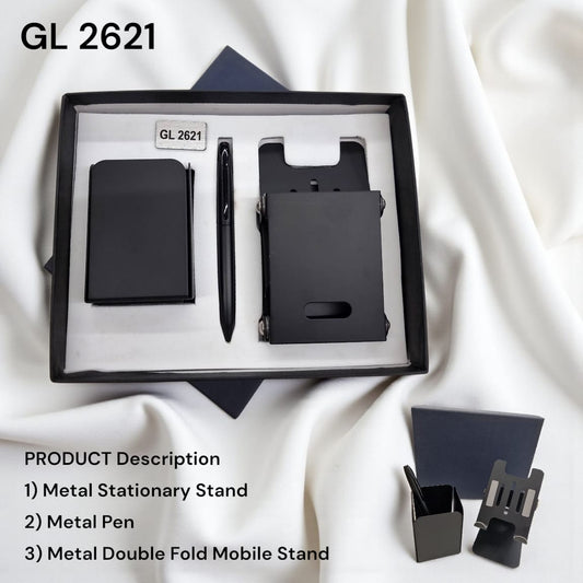 3-in-1 black metal stationery gift set with stand, pen and mobile holder