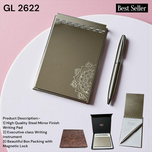 Luxury 3-in-1 steel mirror writing pad gift set with executive pen and magnetic lock box