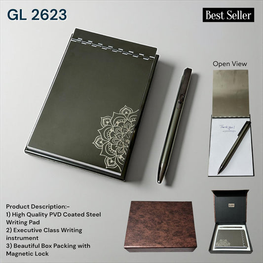 Luxury 3-in-1 PVD coated steel writing pad gift set with executive pen and magnetic box
