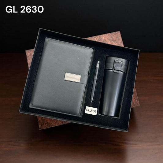 3-in-1 black leatherette corporate gift set with notebook, bottle, and pen