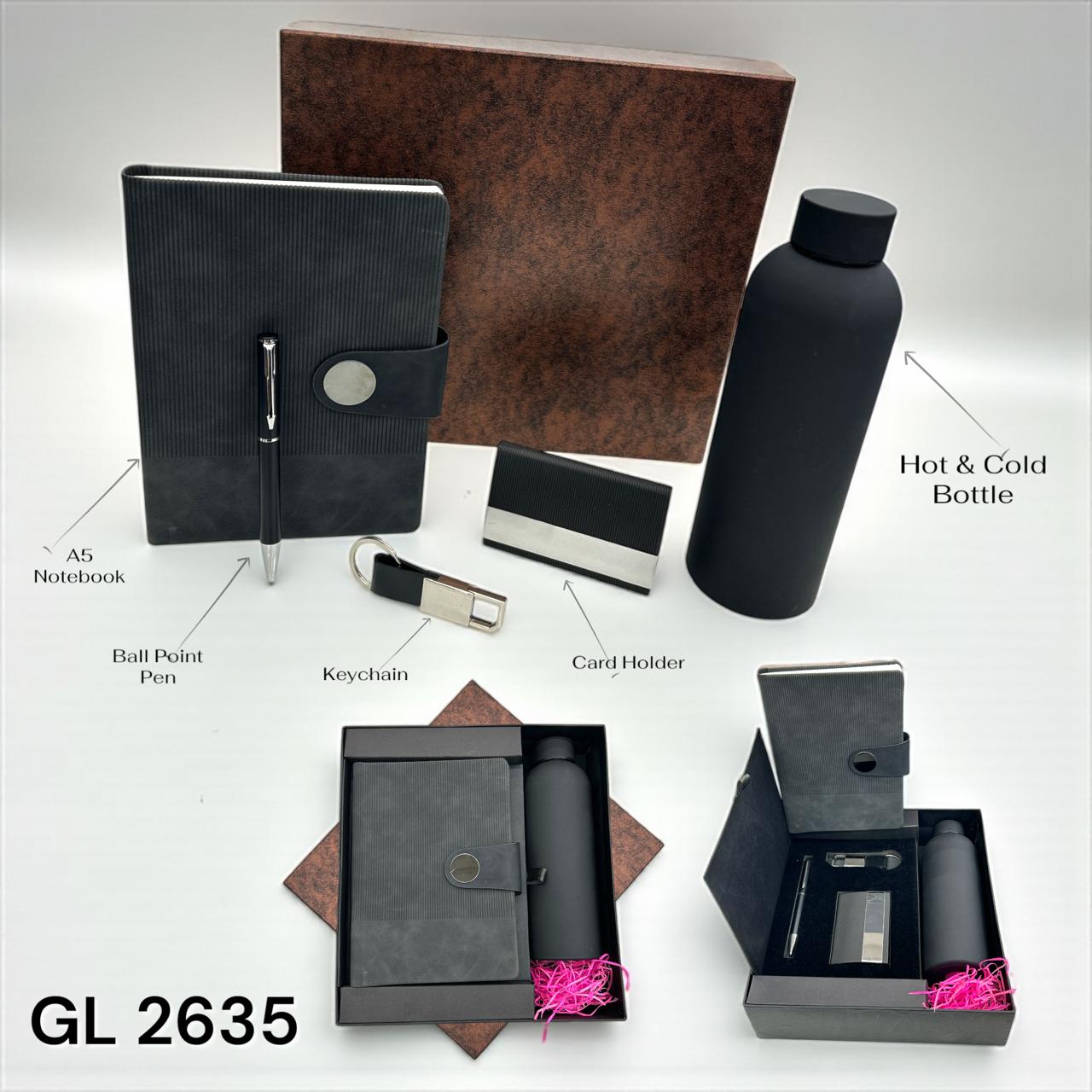 5-in-1 stationery corporate gift set with insulated bottle, notebook, pen, keychain and card holder