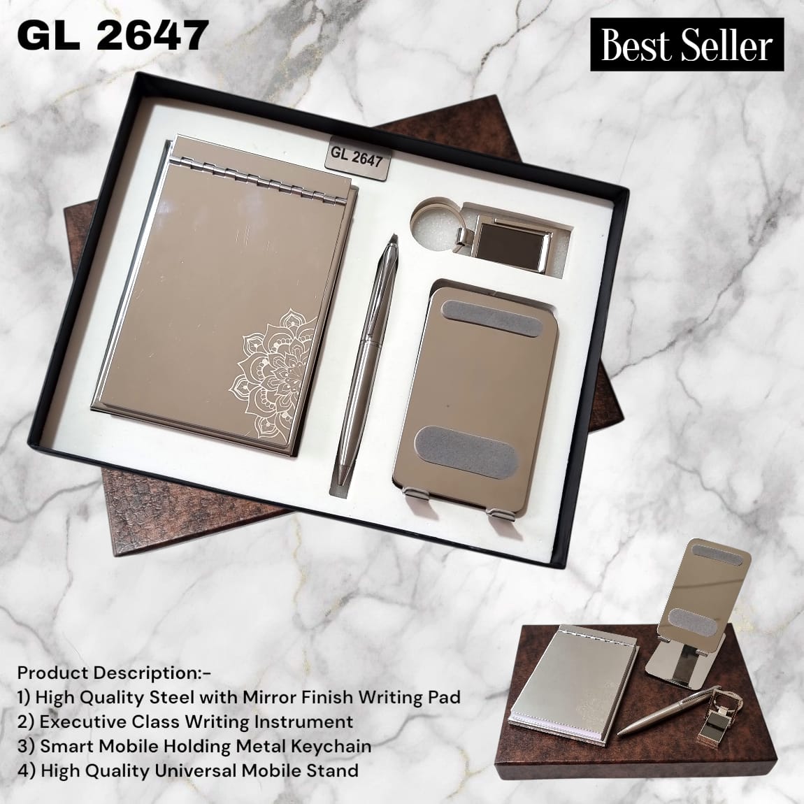 Luxury steel writing pad with executive pen, keychain & mobile stand