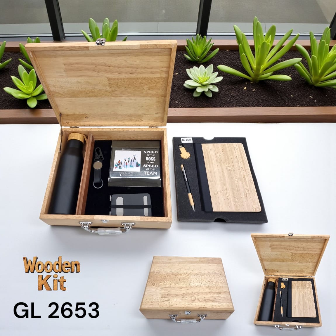 Employee onboarding wooden kit box with branded accessories