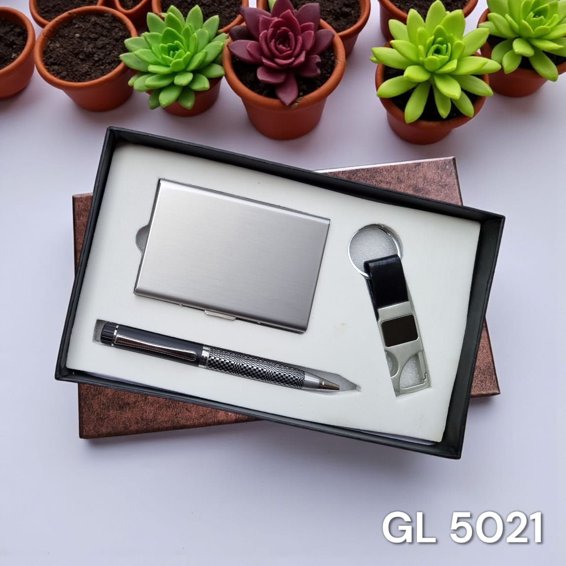 Premium silver ATM card holder with pen and keychain in gift box