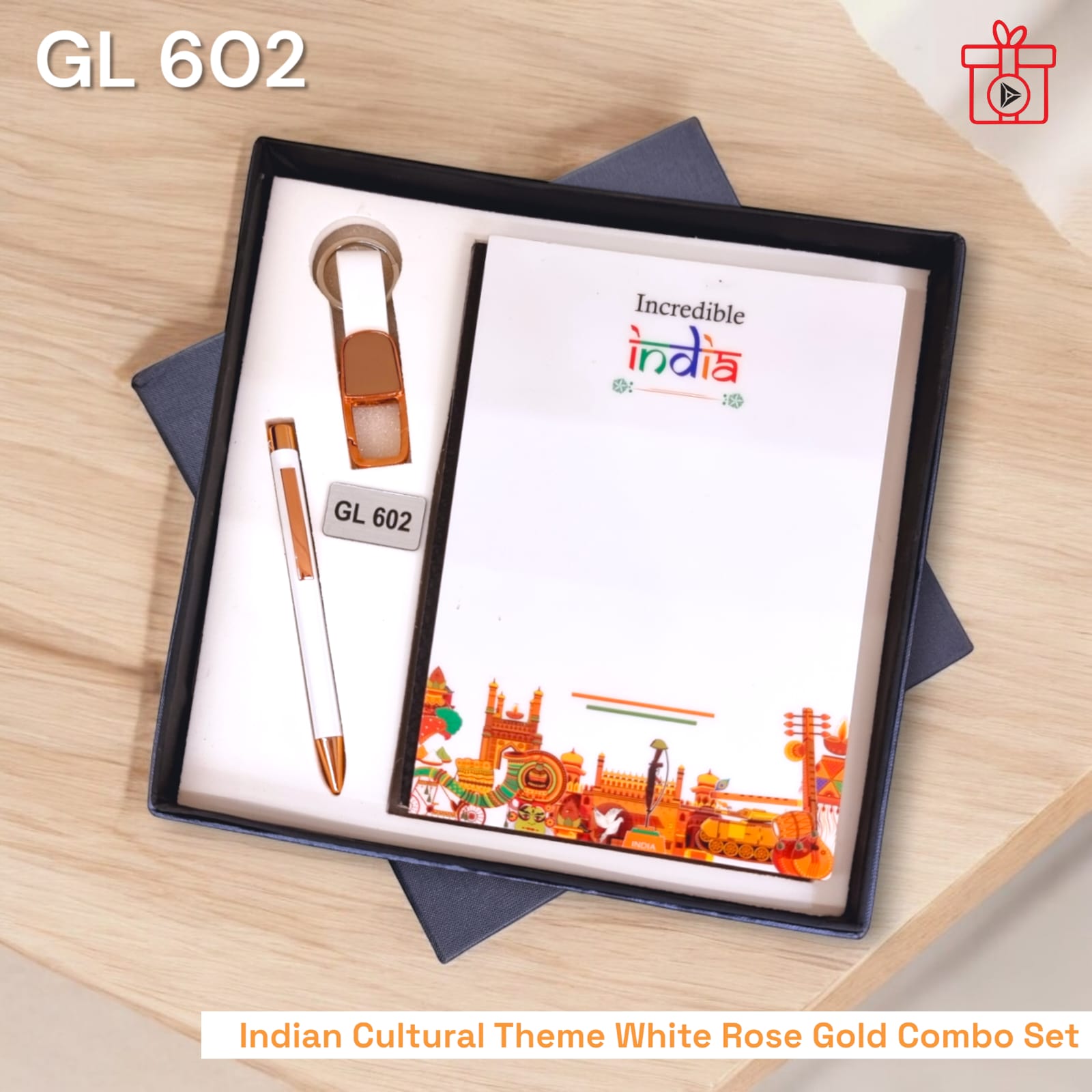 Premium white rose gold executive notebook, pen and keychain corporate gift