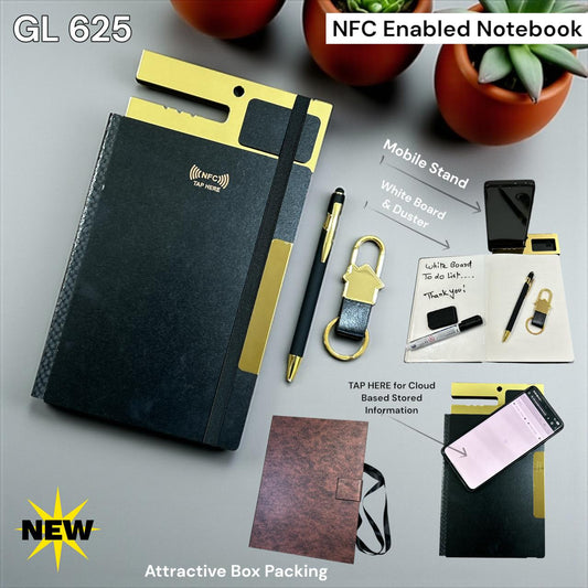 Corporate gifting set featuring NFC-enabled A5 notebook, black & gold pen and keychain
