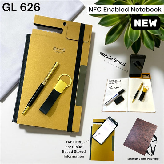 Gold executive corporate gift set with notebook, ballpoint pen, and hook keychain