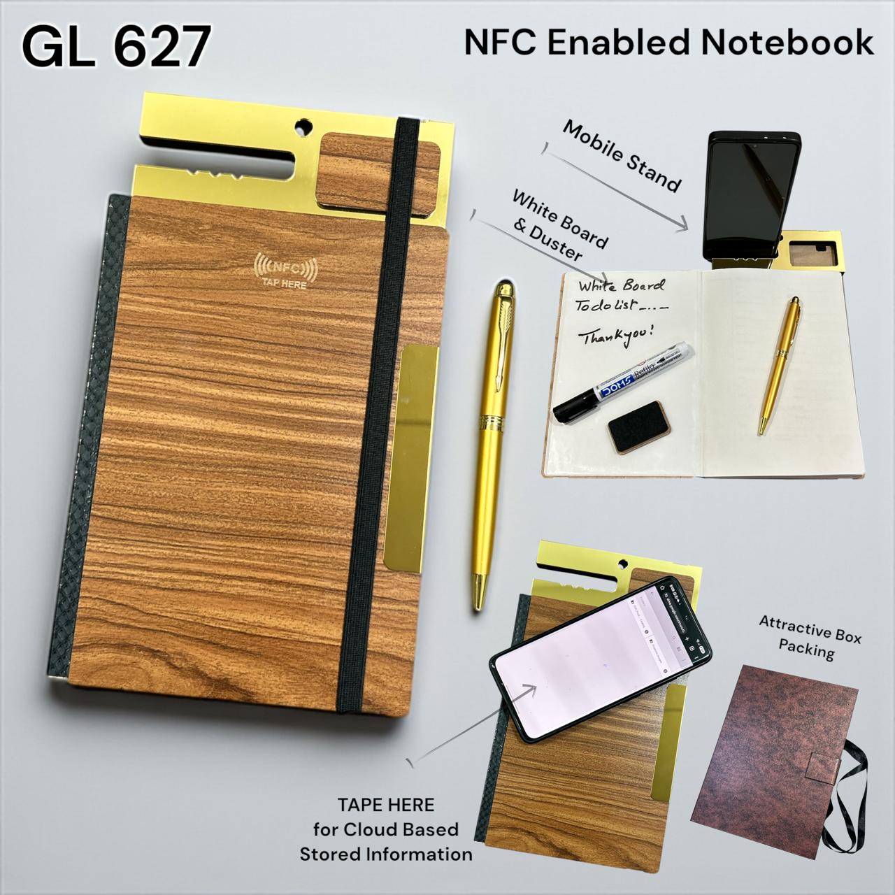 Wood finish NFC-enabled A5 notebook with gold ballpoint pen corporate gift set