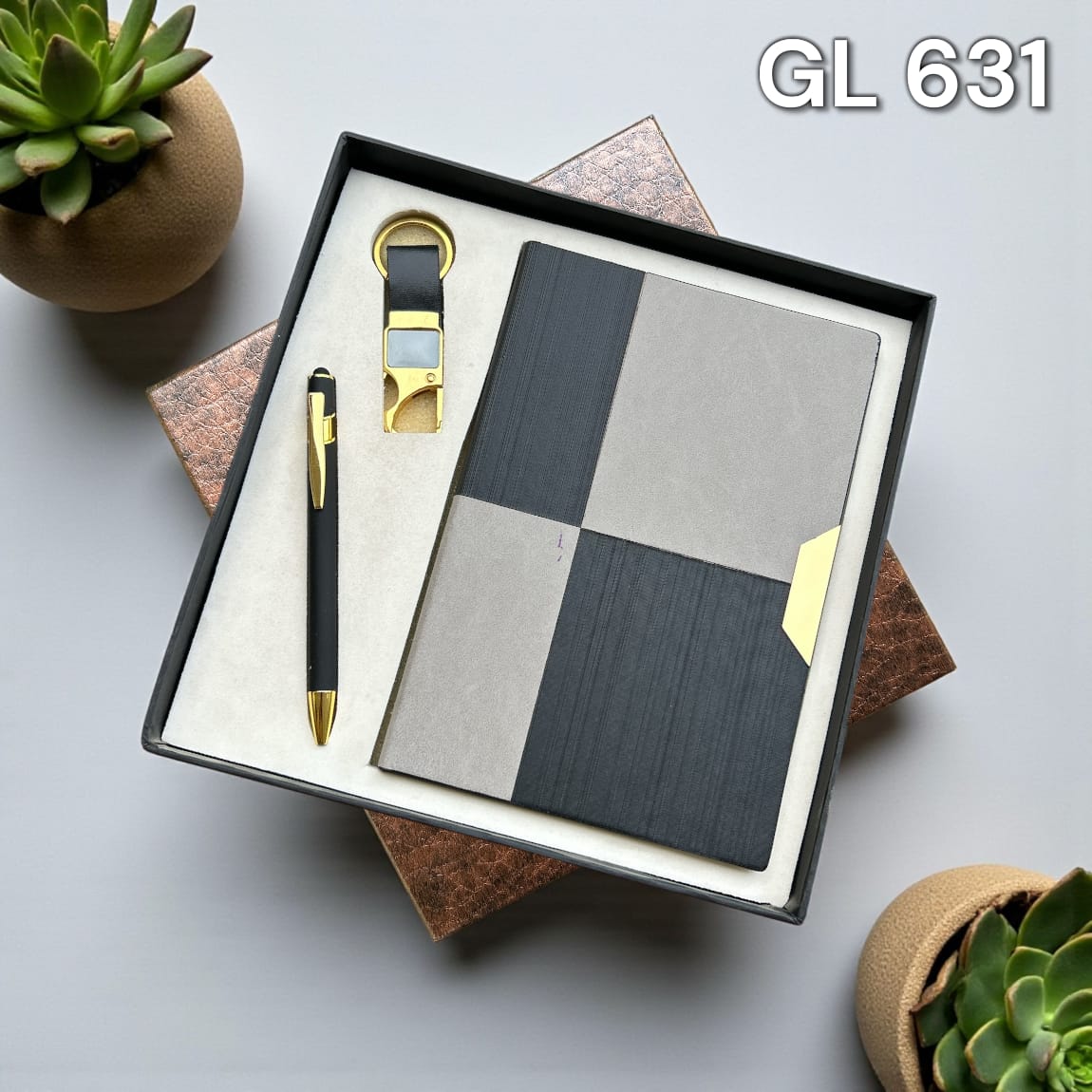 3-in-1 premium black and gold corporate gift set with A5 notebook, pen and keychain
