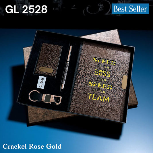 4-in-1 Crackle Rose Gold Embedded Notebook Gift Set | Luxury Corporate Gifting with Notebook, Pen & Card Holder