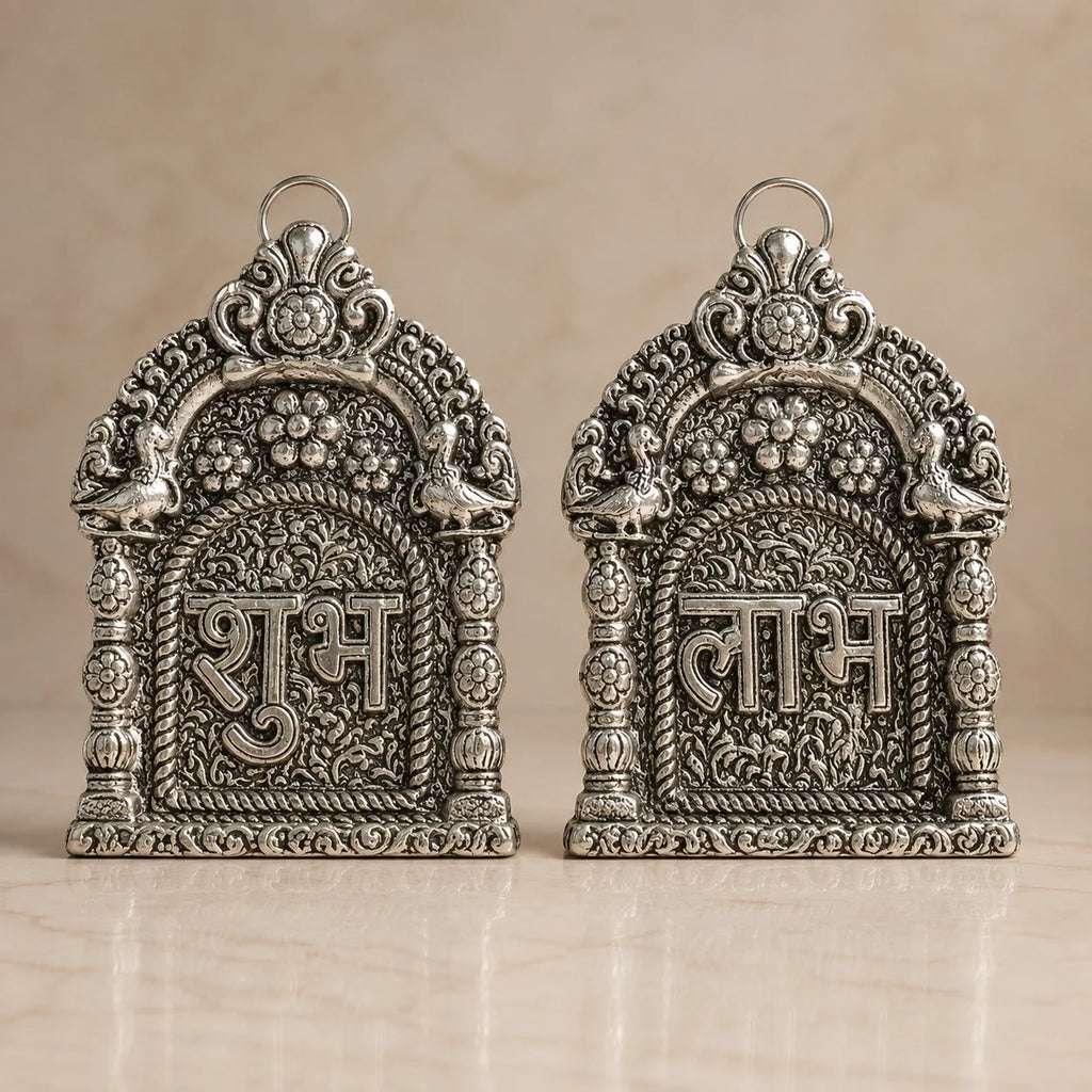 German Silver Finish Shubh Labh Hanging by Wrap Shap in premium gift box, ideal for Diwali gifting, housewarming gifts, wedding return gifts, office décor, festive decoration, and corporate gifting.