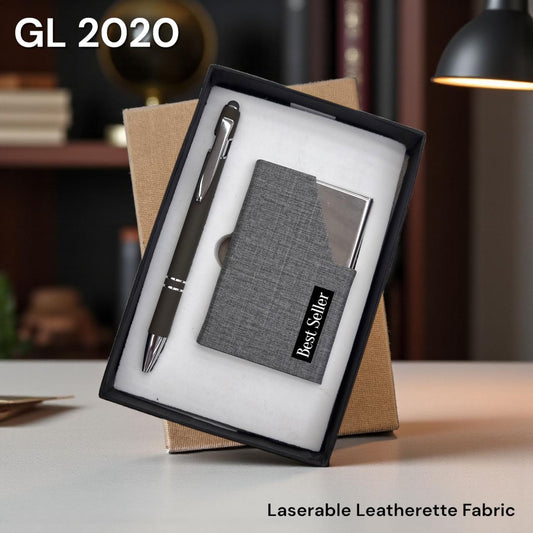 2-in-1 grey leatherette corporate gift set with card holder and pen