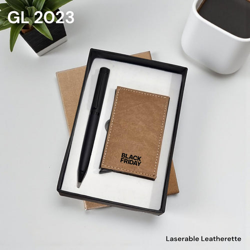 2-in-1 corporate gift set with brown leatherette card holder and matte black pen
